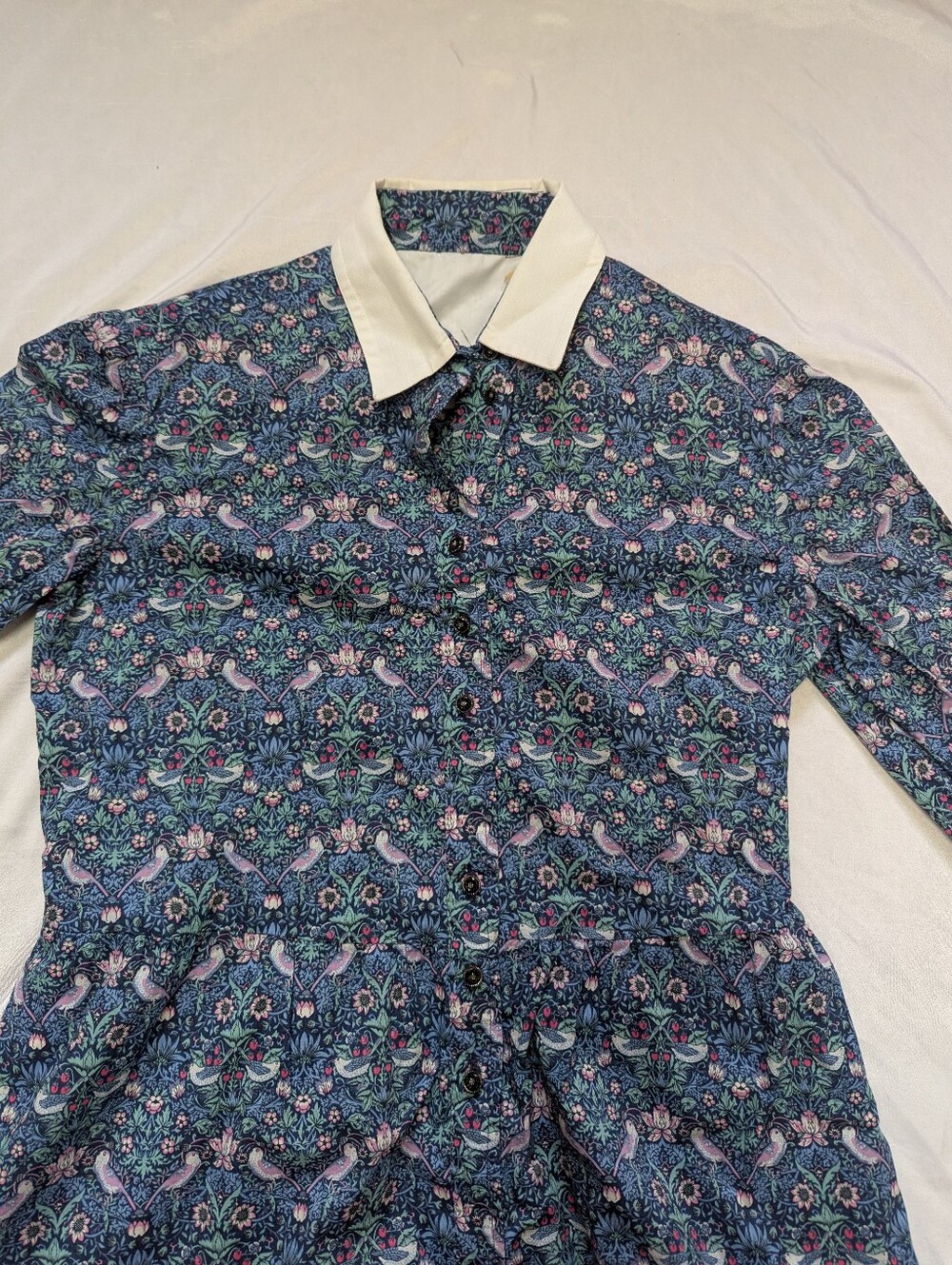 Birds & Berries Hand Made Button Front Long Sleeve Vintage Midi Dress Aprox Med